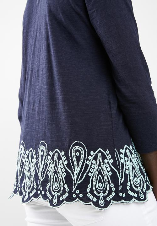 edit - Top with embroidered hem - navy