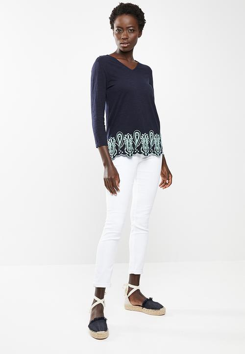 edit - Top with embroidered hem - navy