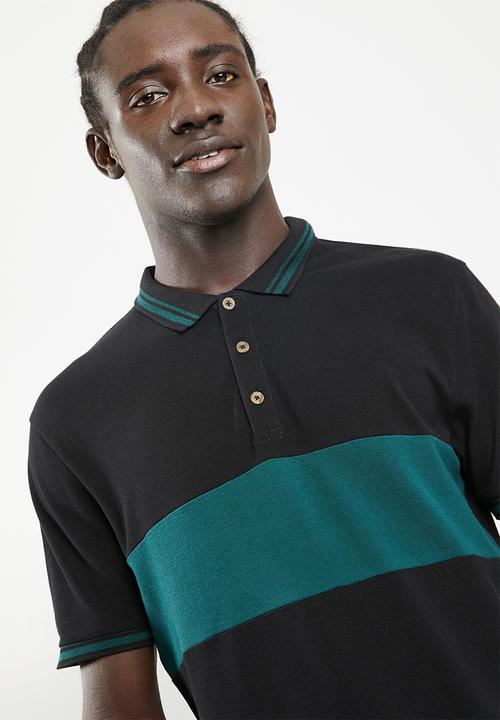 Superbalist - Pique short sleeve slim fit blocked polo - black & green