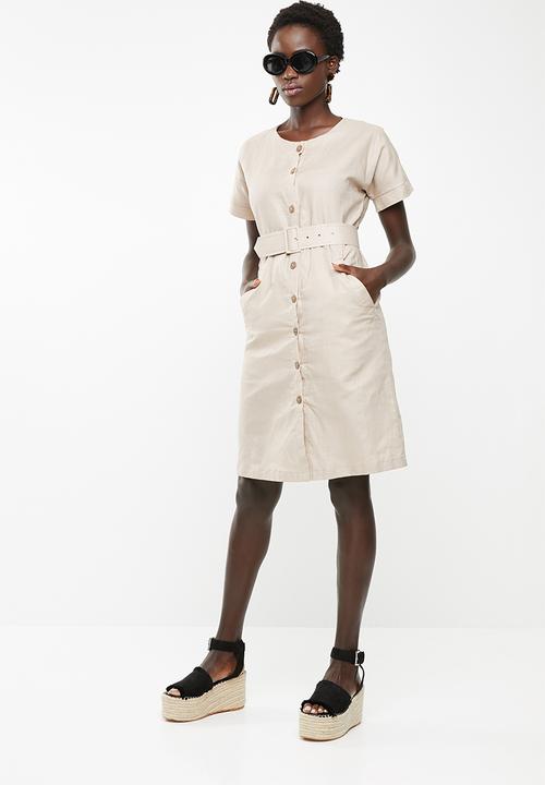 edit - Linen blend button down dress - beige 