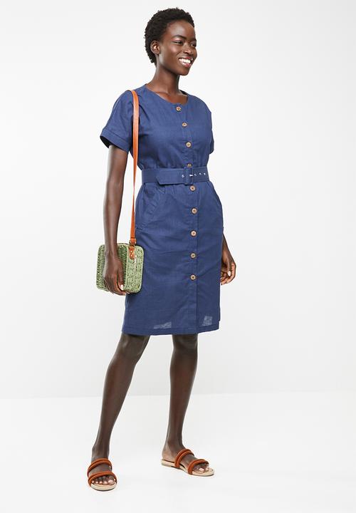 edit - Linen blend button down dress - navy