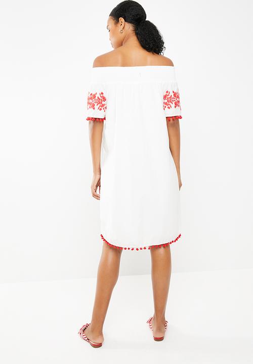 STYLE REPUBLIC - Pom pom bardot dress - white & red