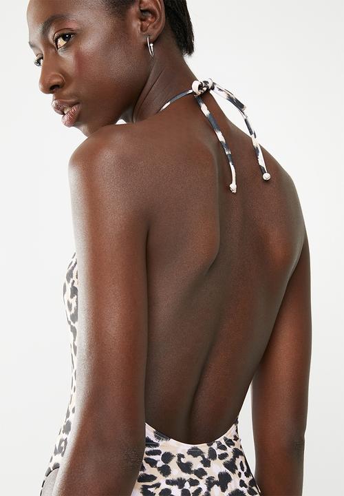 South Beach  - One piece plunge front high neck - black & pink