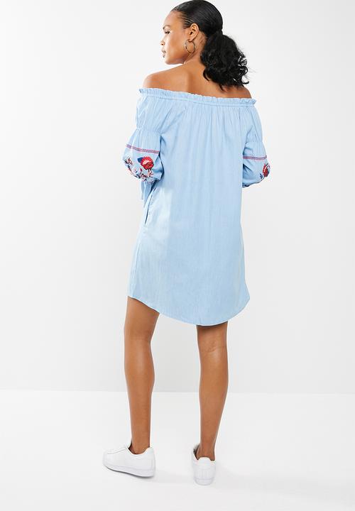 STYLE REPUBLIC - Embroided paperbag bardot dress - blue