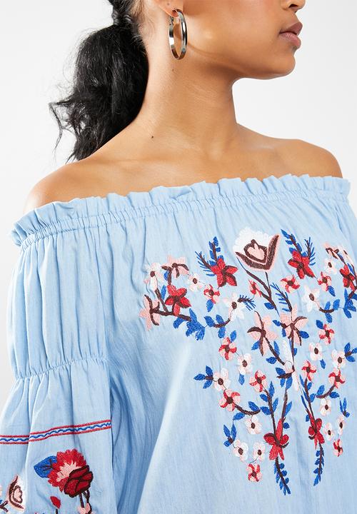 STYLE REPUBLIC - Embroided paperbag bardot dress - blue