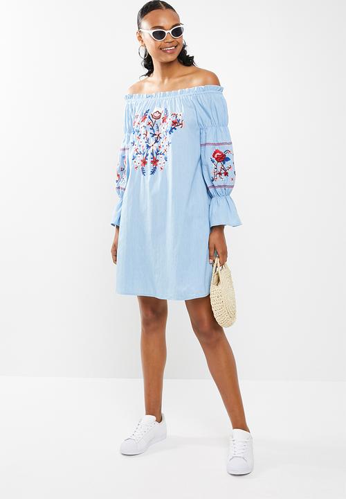 STYLE REPUBLIC - Embroided paperbag bardot dress - blue