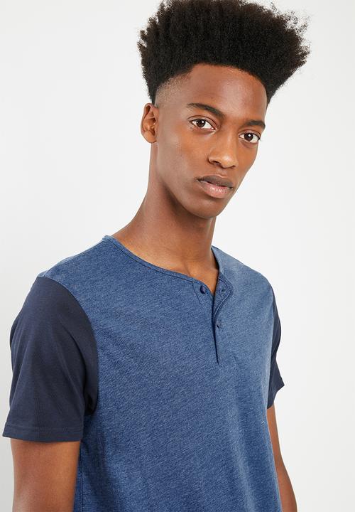 Brave Soul - Civil V-neck with button up closure T-shirt - blue