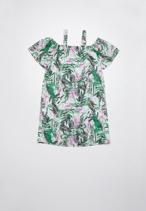 Pop Candy - Cold shoulder tropical dress - green