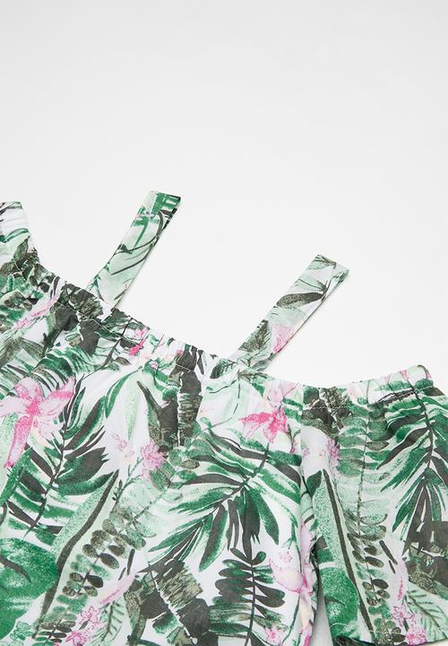Pop Candy - Cold shoulder tropical dress - green
