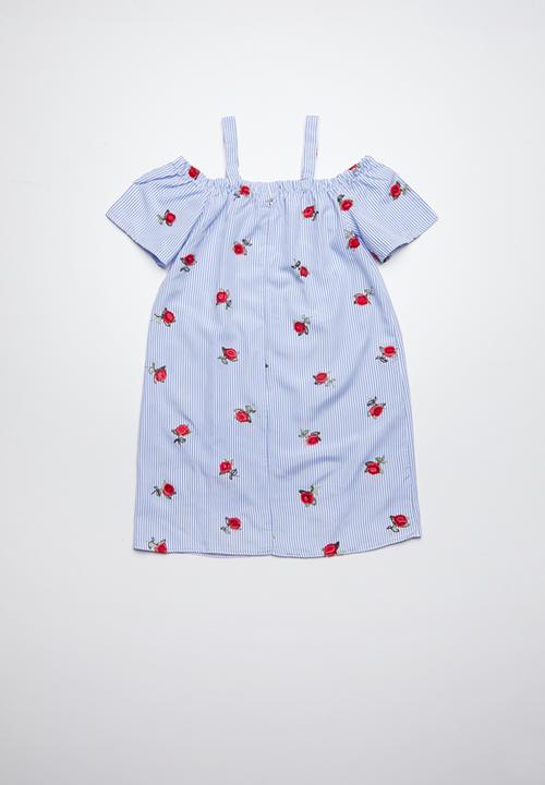 Pop Candy - Cold shoulder floral and stripe dress - blue