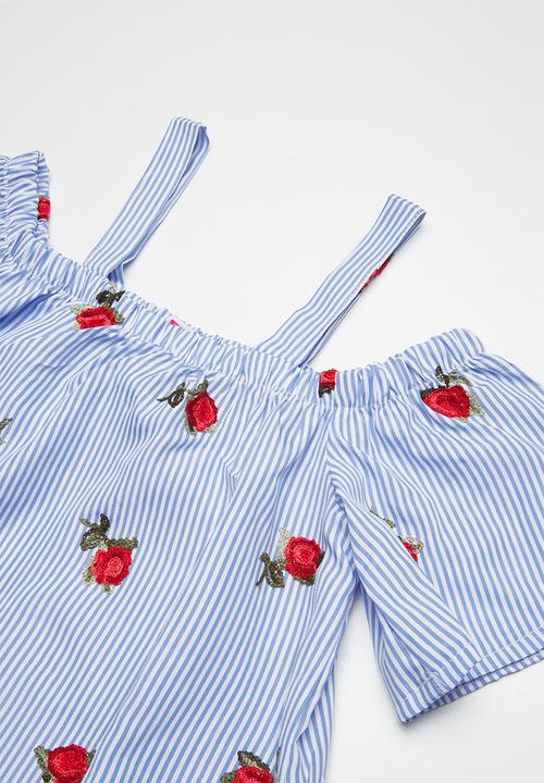 Pop Candy - Cold shoulder floral and stripe dress - blue