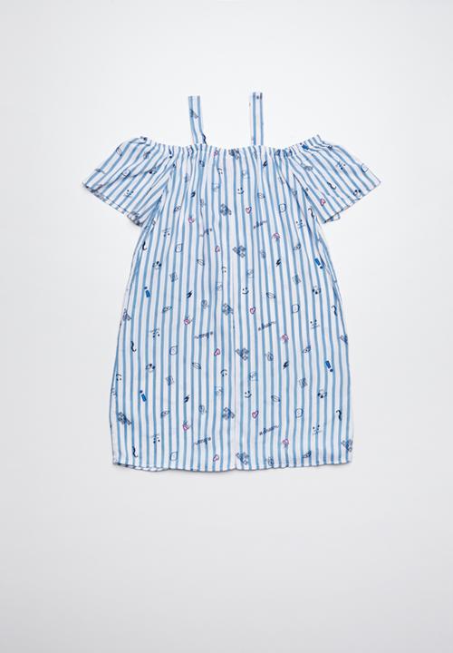 Pop Candy - Cold shoulder graphics strip print dress - blue
