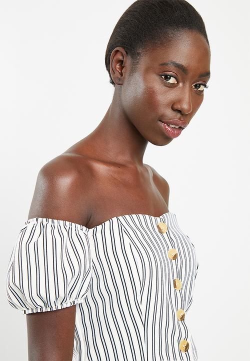 STYLE REPUBLIC - Front button bardot top - blue & white