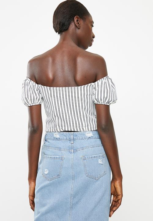 STYLE REPUBLIC - Front button bardot top - blue & white