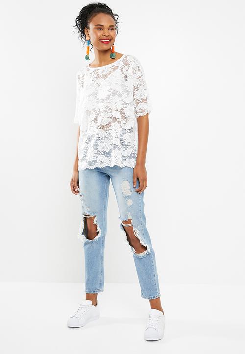 Jacqueline de Yong - Juan short sleeve lace top - white