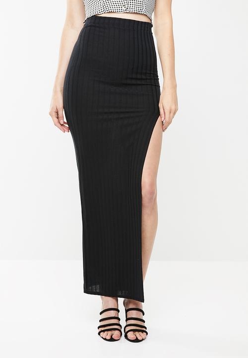 Missguided - Ribbed slit front maxi skirt - black