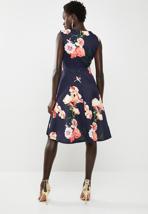 edit - Wrap front fit and flare dress - navy floral