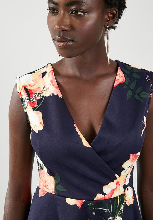 edit - Wrap front fit and flare dress - navy floral