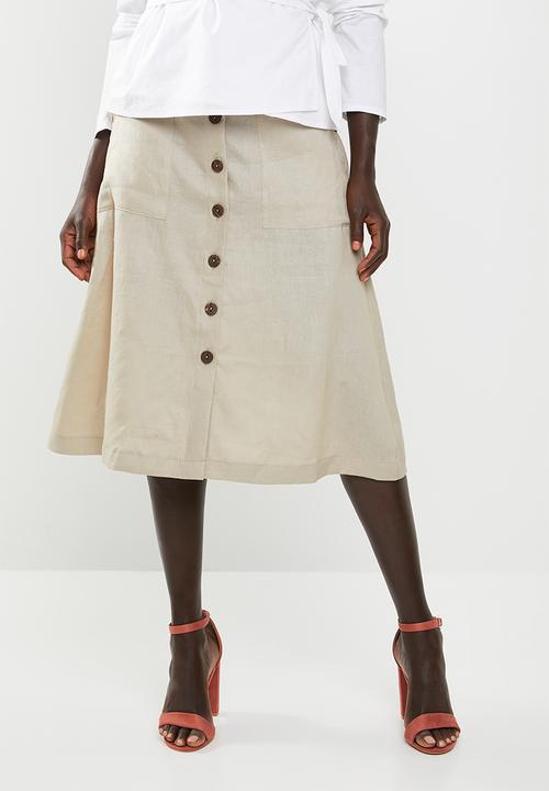 edit - Linen look button down skirt - beige