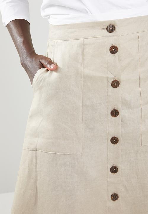 edit - Linen look button down skirt - beige