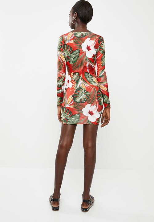 Missguided - Tie front tropical print bodycon dress - red