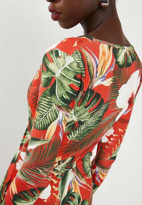 Missguided - Tie front tropical print bodycon dress - red