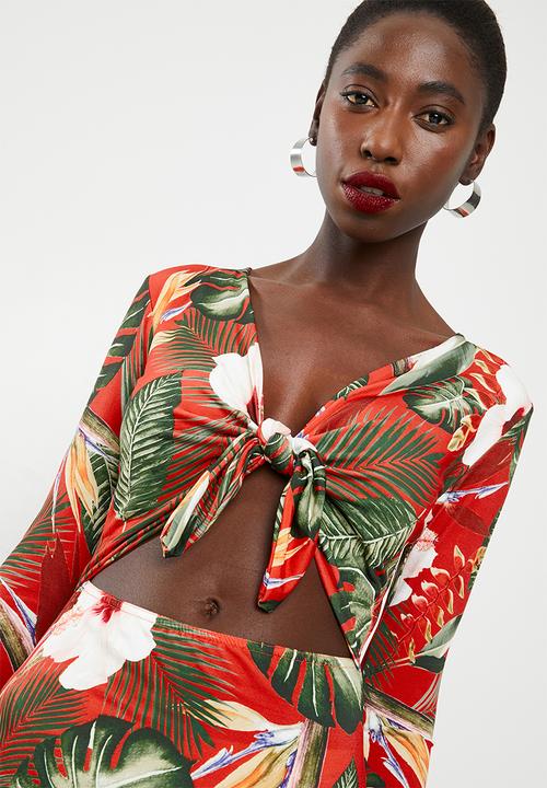 Missguided - Tie front tropical print bodycon dress - red