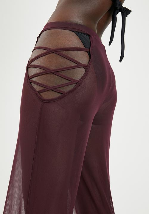 Missguided - Mesh lattice side trouser cover up - burgundy
