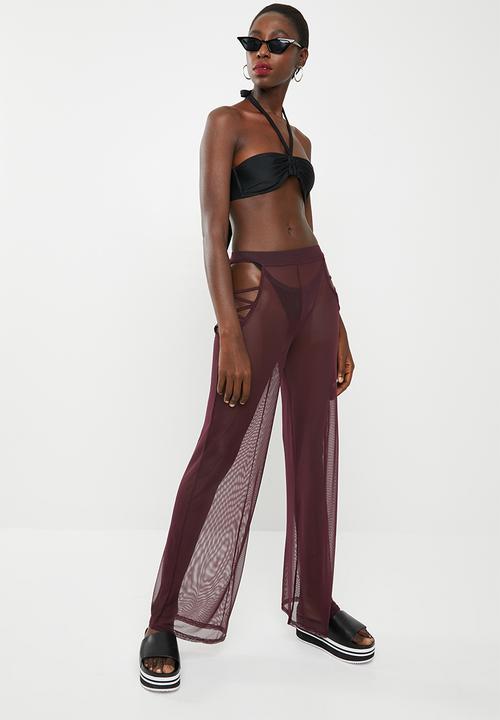 Missguided - Mesh lattice side trouser cover up - burgundy