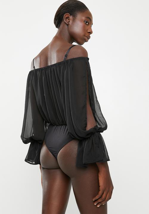 Missguided - Bardot frill sleeve keyhole bodysuit - black