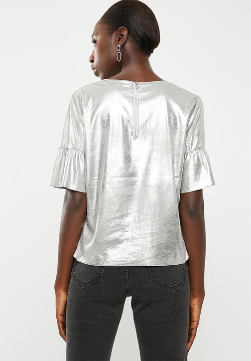 ONLY - Celine short sleeve faux suede frill top - silver