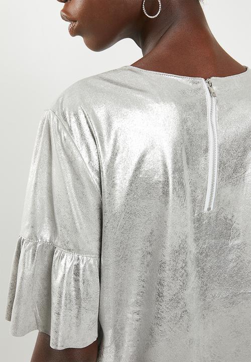 ONLY - Celine short sleeve faux suede frill top - silver