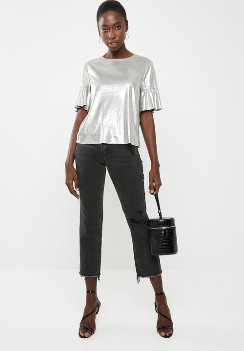 ONLY - Celine short sleeve faux suede frill top - silver