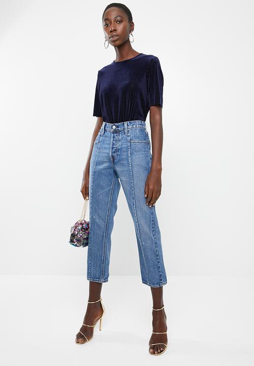 Vero Moda - Ella velvet short sleeve boca top - navy