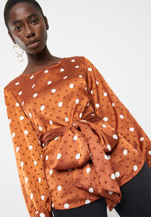 Vero Moda - Daniella dot tie long sleeve top - brown
