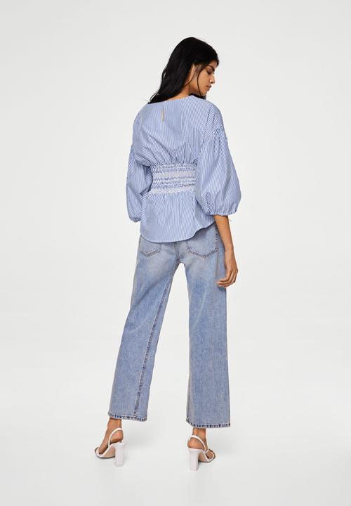 MANGO - Ruched detail striped blouse - blue & white