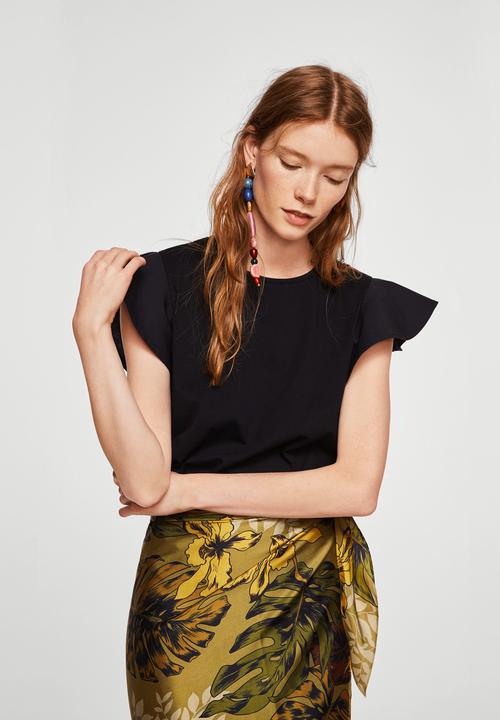 MANGO - Ruffled sleeve T-shirt - black