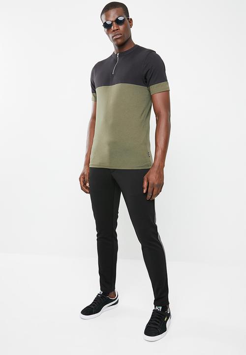 Only & Sons - Half zip colour block tee - black/olive