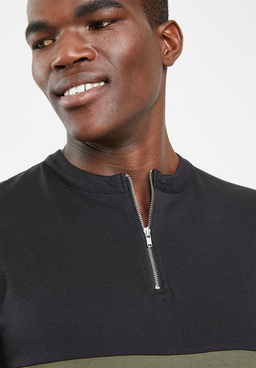 Only & Sons - Half zip colour block tee - black/olive