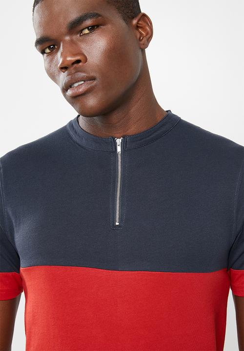 Only & Sons - Half zip colour block tee - navy/red
