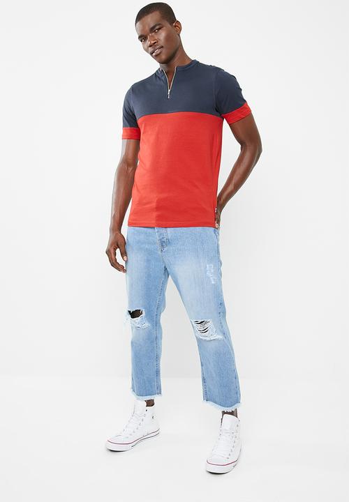 Only & Sons - Half zip colour block tee - navy/red