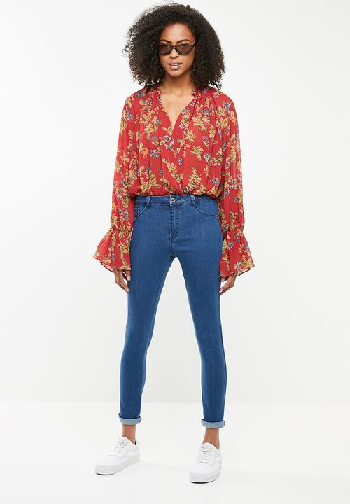 Missguided - Balloon sleeve bodysuit - red