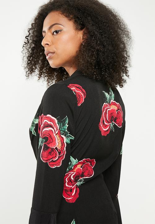 Missguided - Floral collared twist front flared sleeve dress- black
