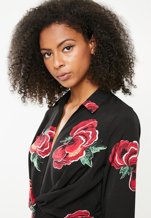 Missguided - Floral collared twist front flared sleeve dress- black