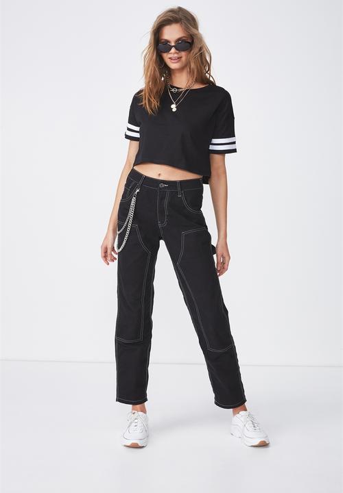Supré  - Loose crop stripe sleeve tee - black