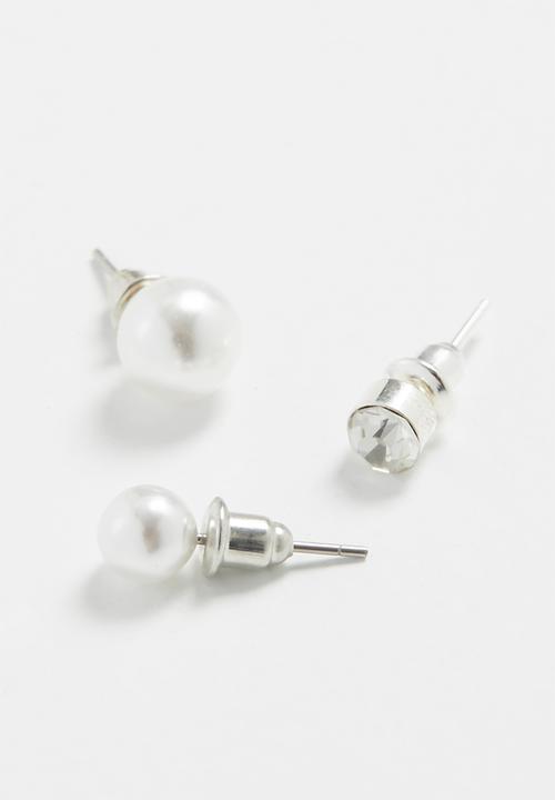 Jewels and Lace - Pearl rhinestone earring 3 pack - silver & white 