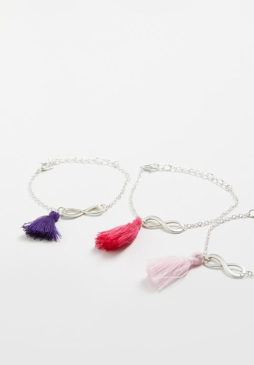 Jewels and Lace - Infinity tassel friendship 3 pack bracelet - silver