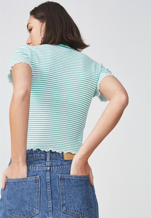 Factorie - Short sleeve quarter zip top - green & white 