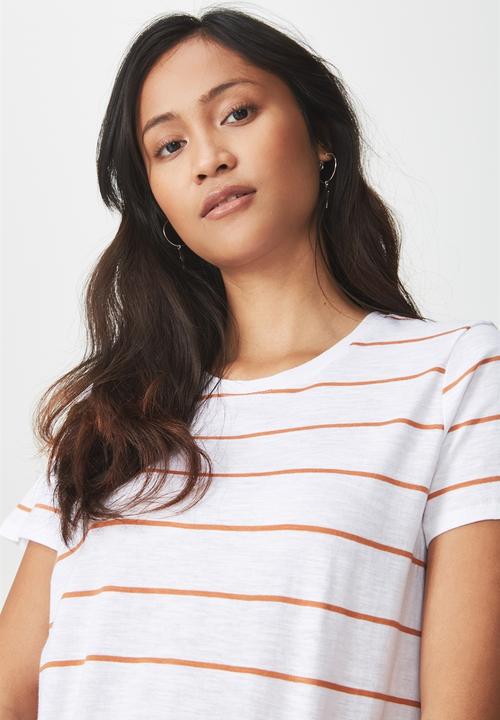 Cotton On - The crew t-shirt stripe - white and orange