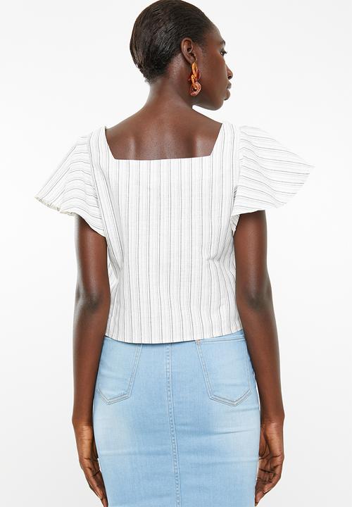 Superbalist - Button front blouse with frill sleeve - white & blue